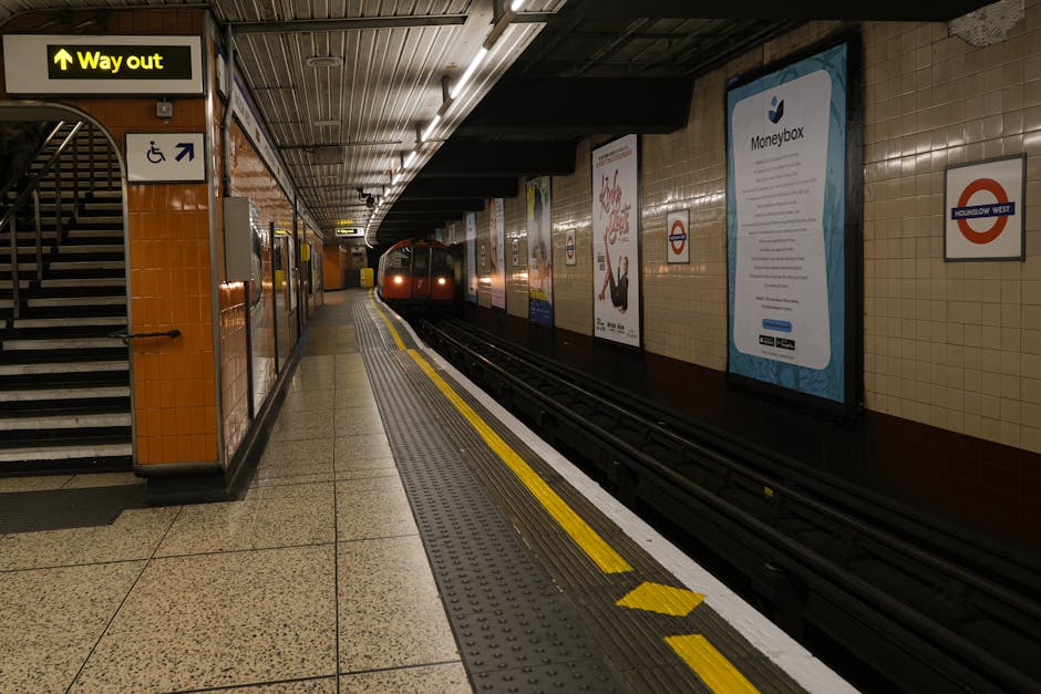 An underground London Underground station platform featuring beige tiled walls and a speckled terrazzo floor. On the left side, there is a staircase with black handrails leading upward, and an illuminated yellow sign above it indicating the way out. Adjacent to the staircase, a small blue sign with a wheelchair symbol signifies accessible access. The platform edge is marked with a white line and a yellow tactile strip for safety, extending along the edge opposite to the stairs. In the background, a red train is approaching the platform, partially visible as it emerges from a curved tunnel. The wall on the right displays several posters, including a large blue and white advertisement, and a circular London Underground logo with a red circle and blue bar. Overhead lighting illuminates the space evenly, creating a clear and neutral environment typical of a busy transportation hub, which may relate to the concept of efficient waste collection and disposal in urban settings like Hounslow.
